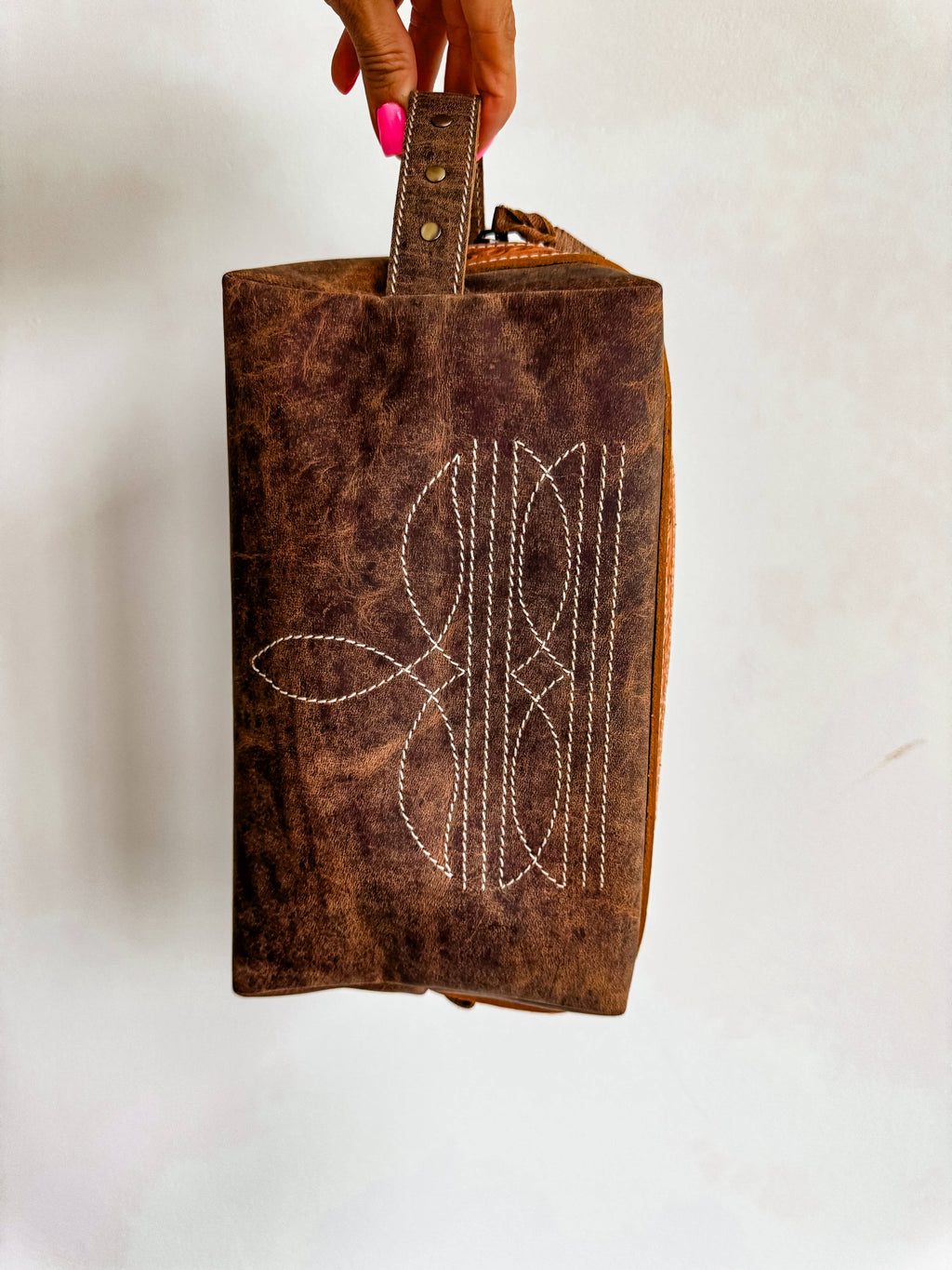 Boot Stitch Handtooled  Leather Toiletry Makeup Shaving Bag