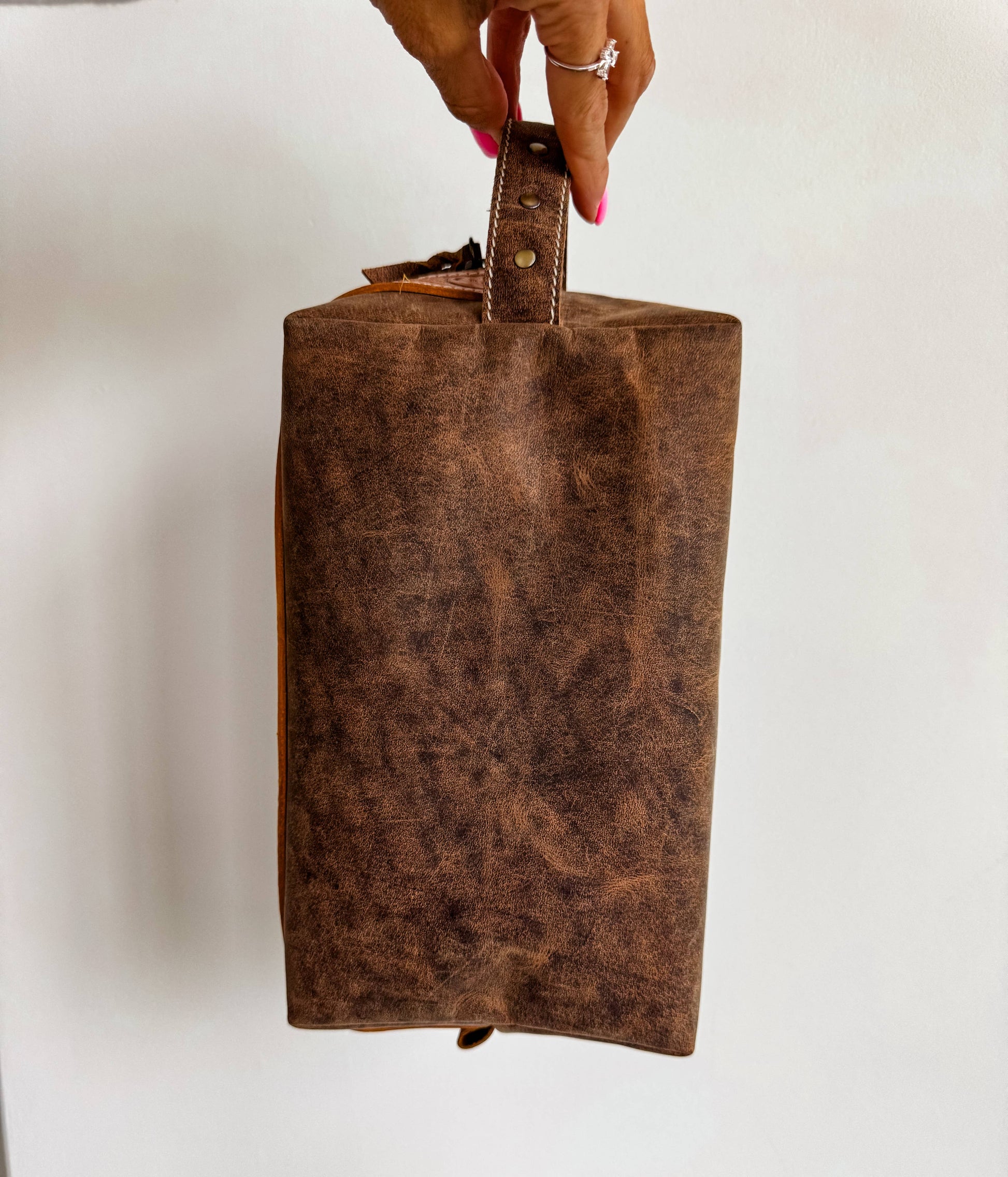 Boot Stitch Handtooled  Leather Toiletry Makeup Shaving Bag