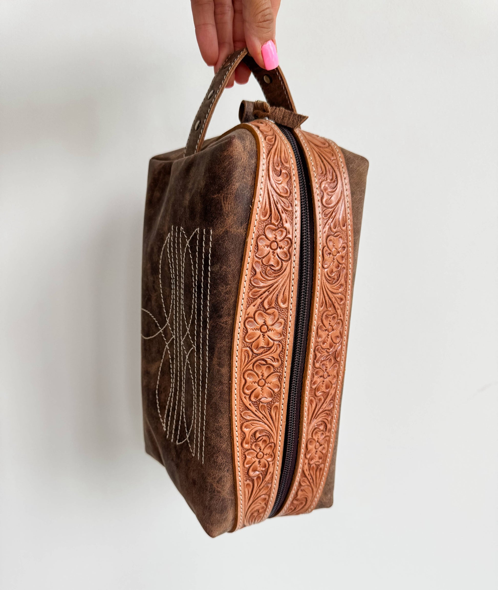 Boot Stitch Handtooled  Leather Toiletry Makeup Shaving Bag