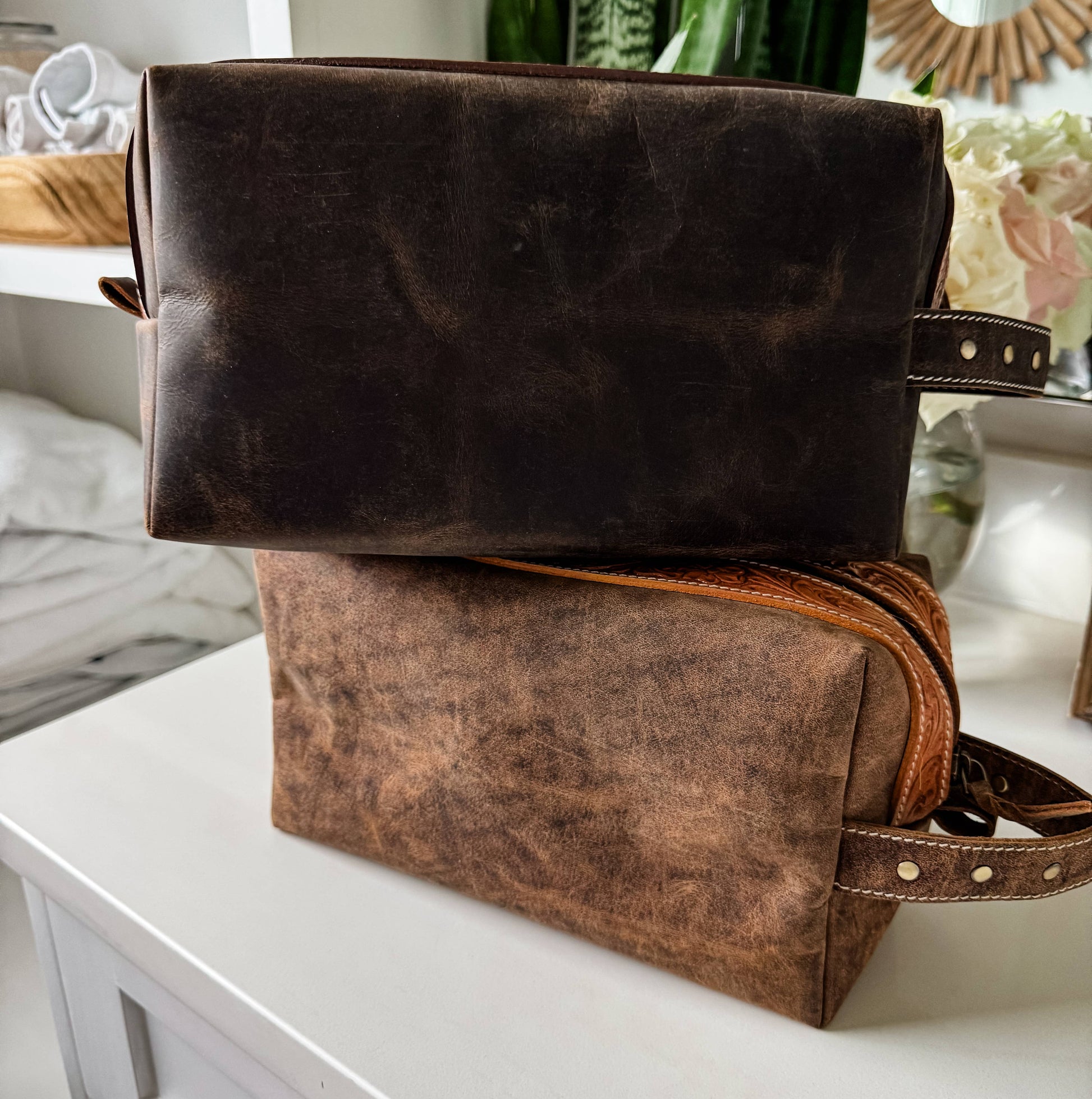 Boot Stitch Handtooled  Leather Toiletry Makeup Shaving Bag